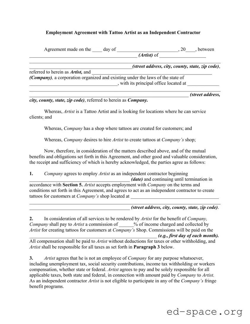 Blank Tattoo Shop Artist Agreement PDF Form