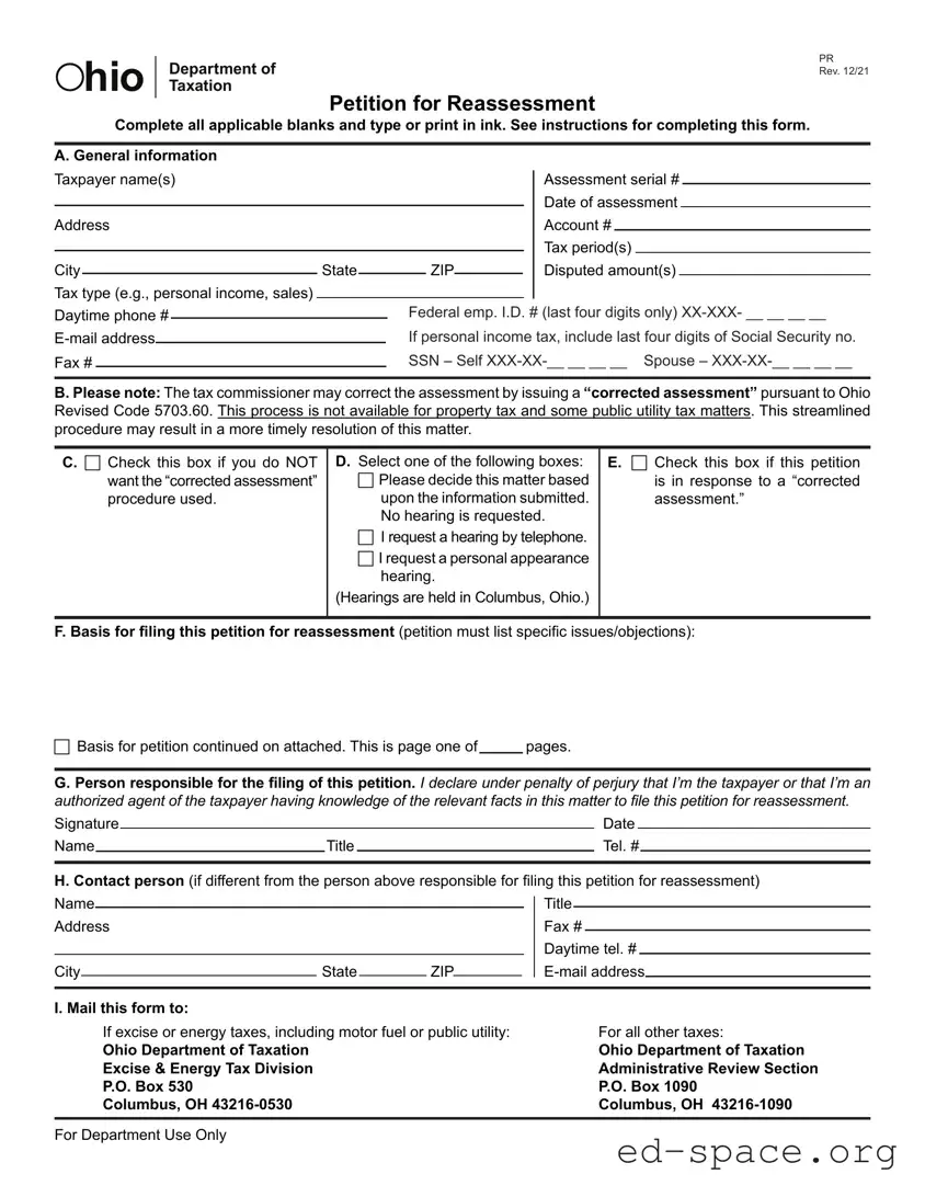 Blank Ohio Petition For Reassessment PDF Form