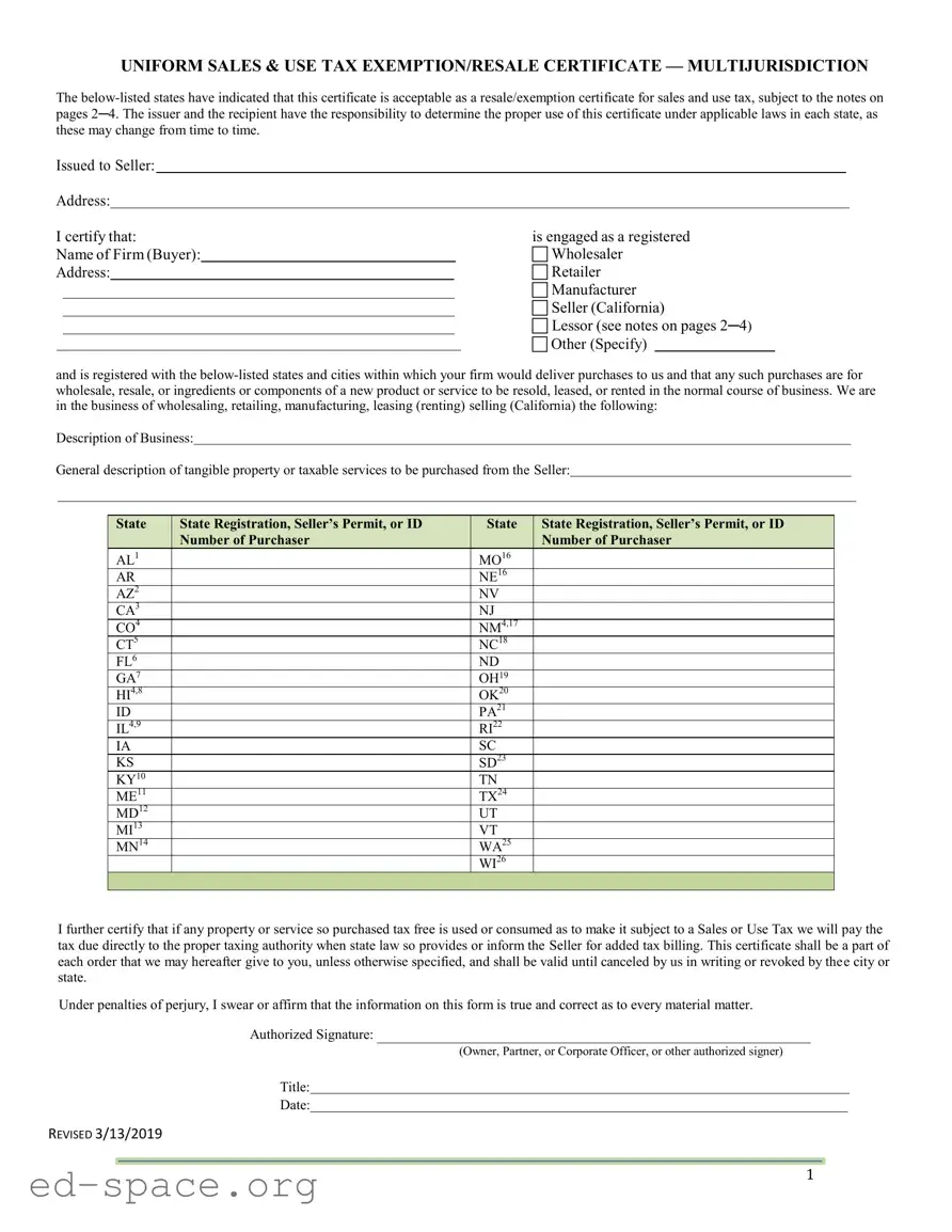 Blank California Sales Tax Certificate PDF Form