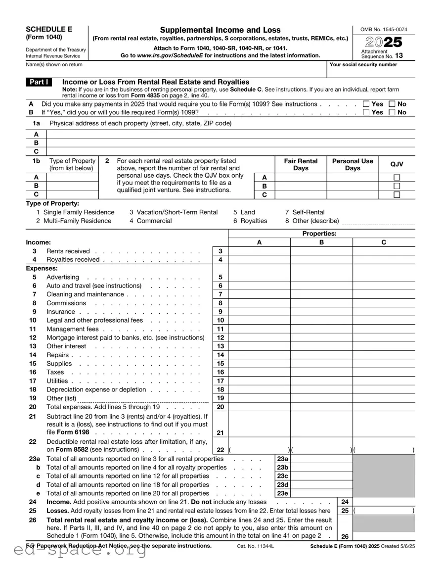 Blank IRS Schedule E 1040 PDF Form