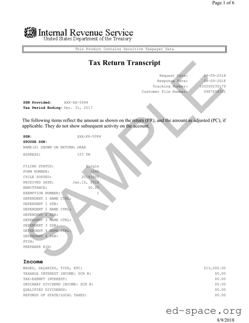 Blank Sample Tax Return Transcript PDF Form