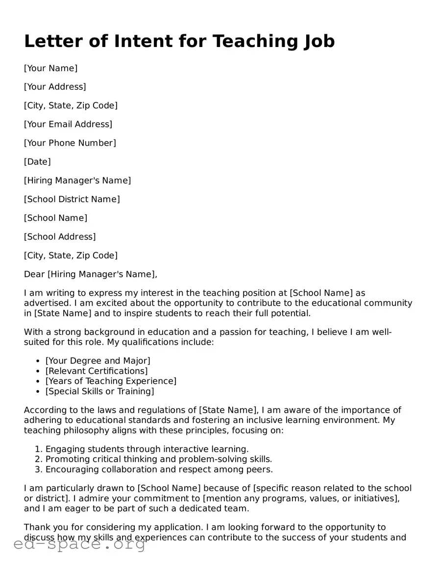 Fillable Letter of Intent for a Teaching Job Template