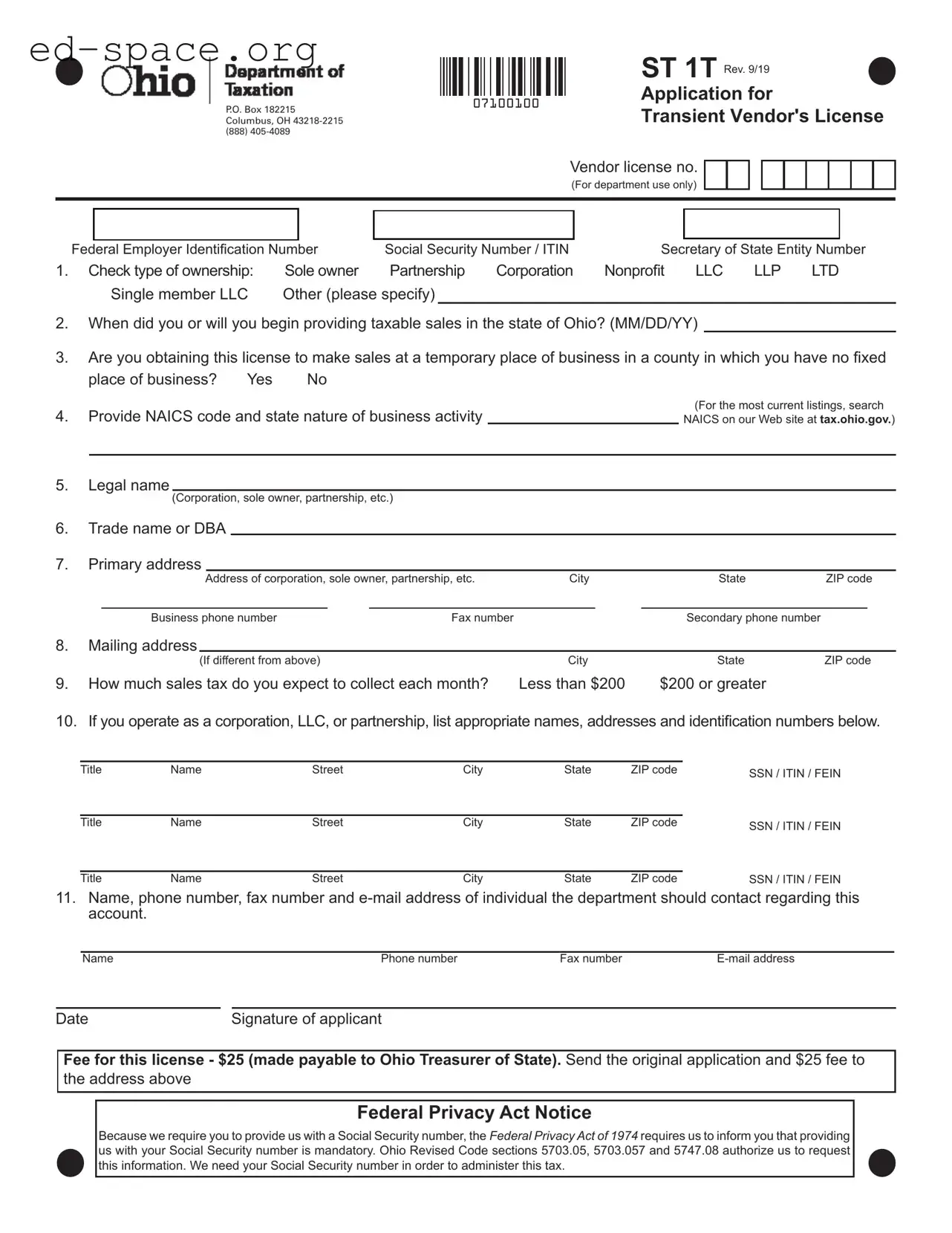 Blank Ohio Application For Vendors License PDF Form
