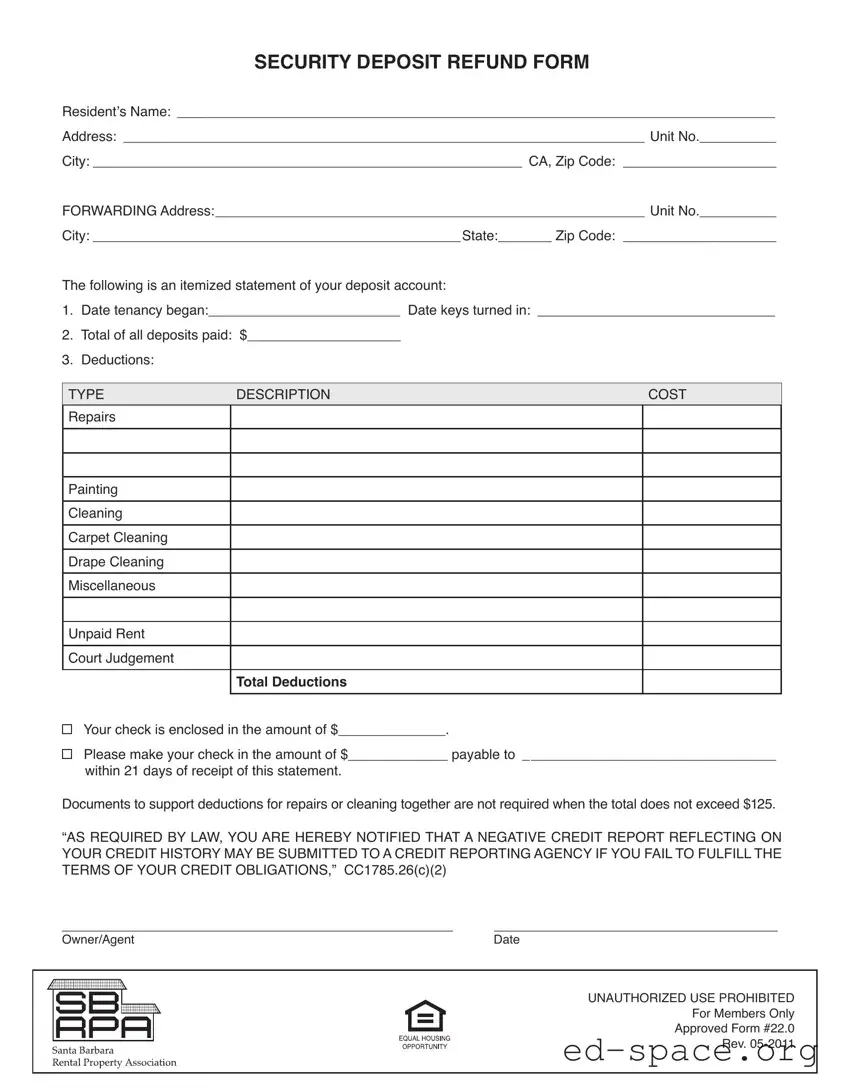 Blank Security Deposit Deductions PDF Form