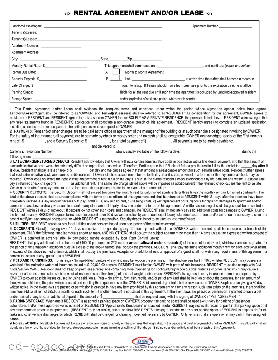 Blank Aoa Rental Agreement PDF Form