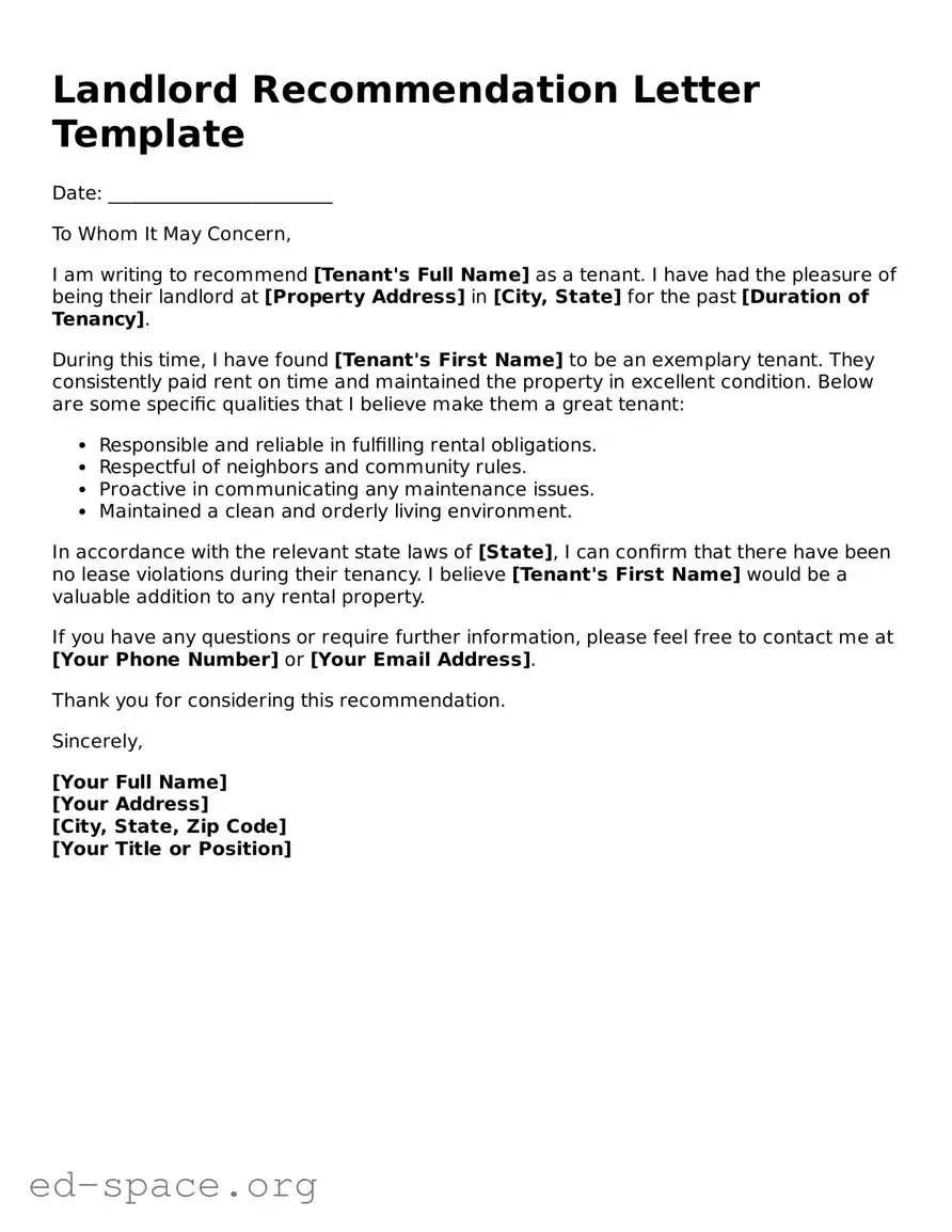 Fillable Landlord Recommendation Letter Template