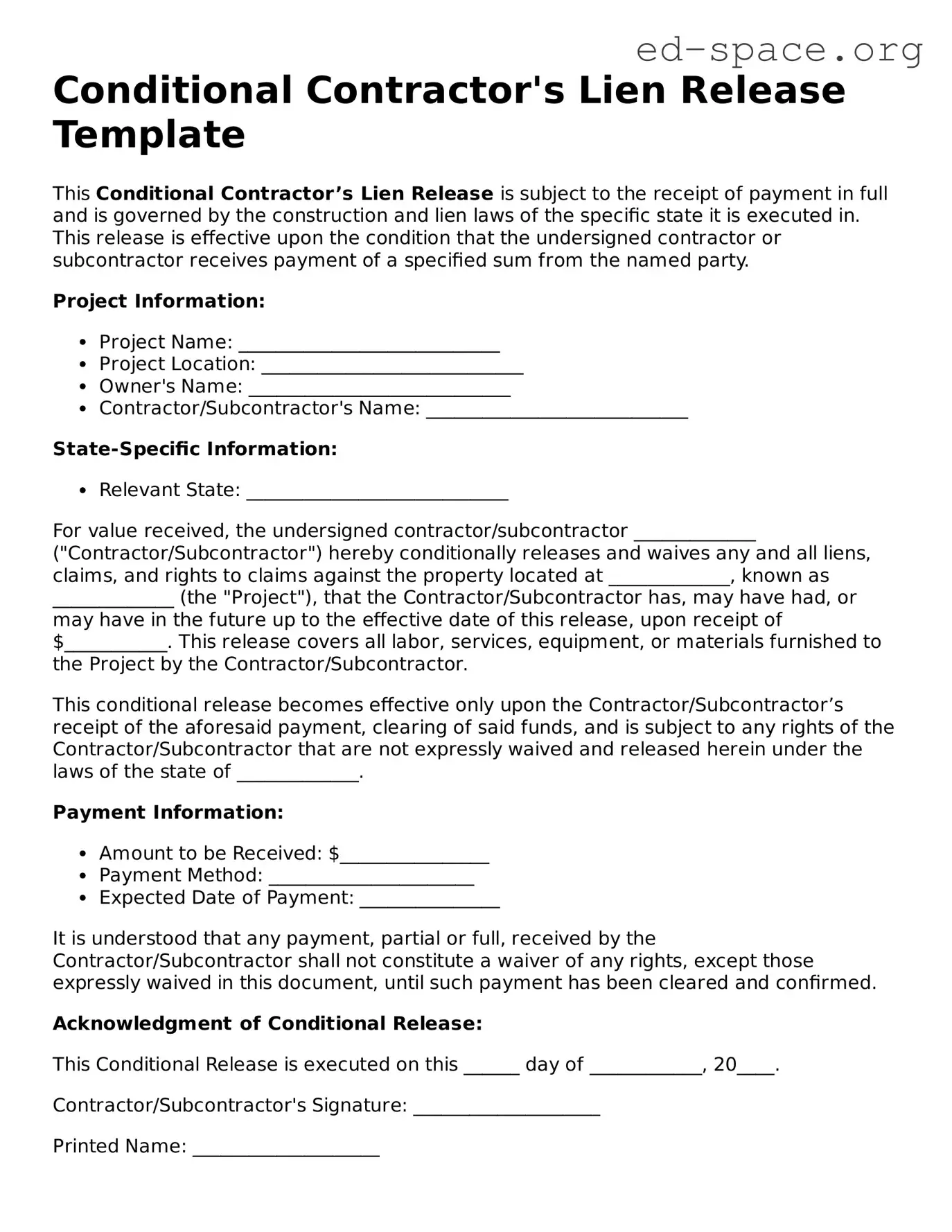 Fillable Conditional Contractor’s Lien Release Template