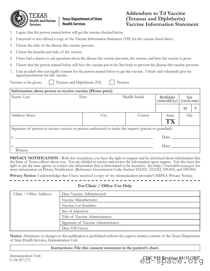 Blank Texas Addendum To Tdap Vaccine PDF Form