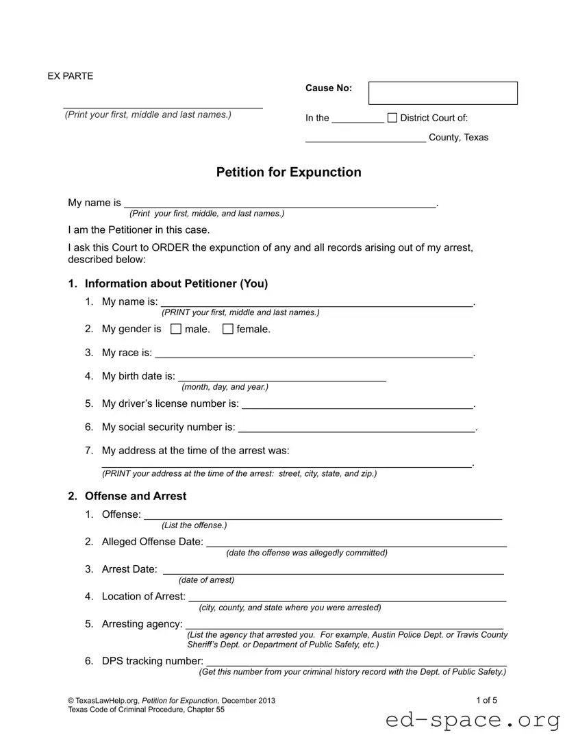 Blank Petition Expunction Texas PDF Form