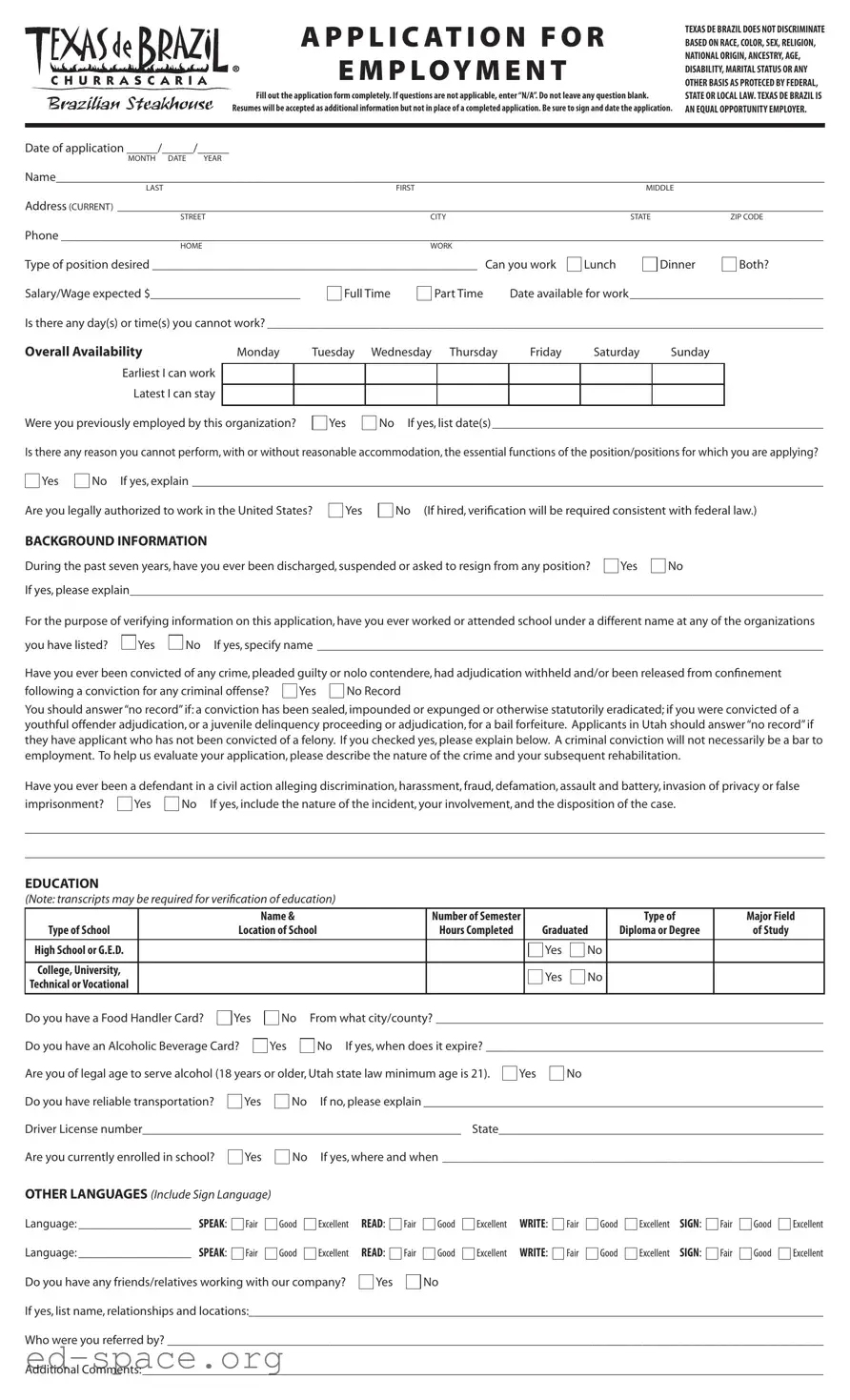 Blank Application For Texas De Brazil PDF Form