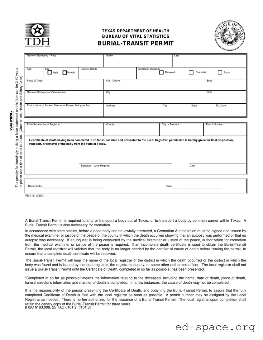 Blank Texas Burial Transit Permit PDF Form