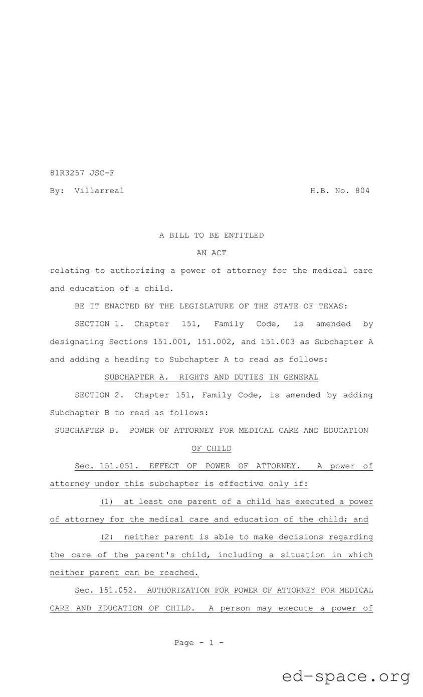 Blank Texas Child Power of Attorney PDF Form