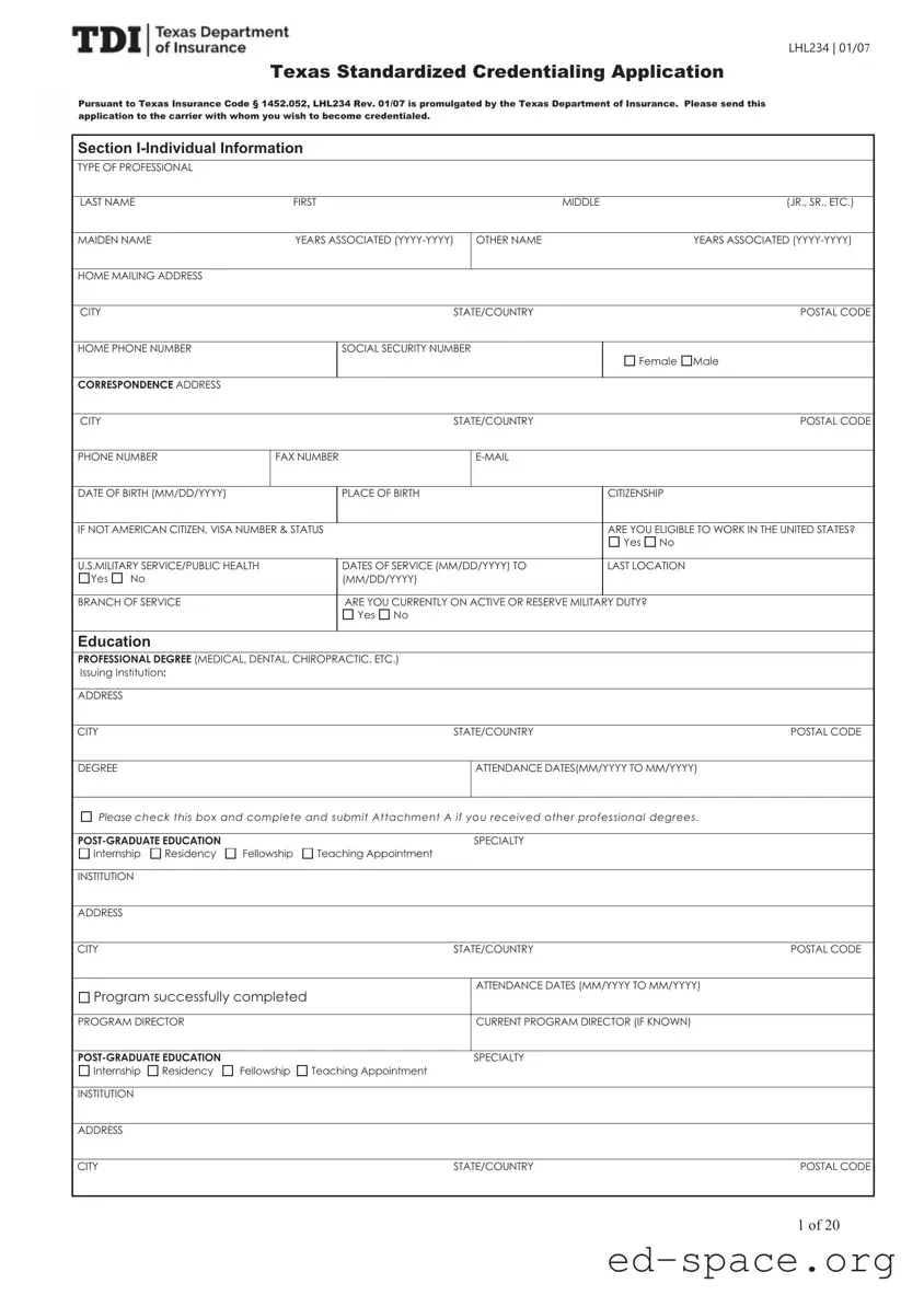 Blank Texas Credentialing Application PDF Form