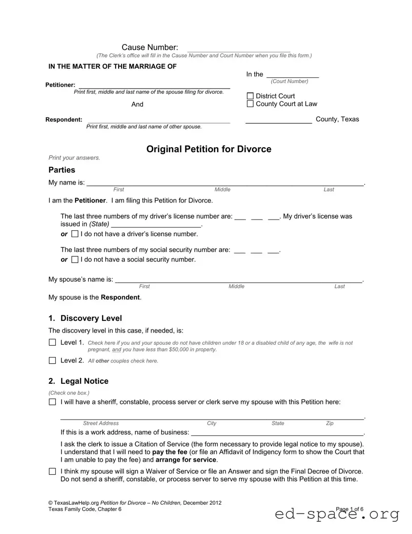 Blank Texas Original Petition Divorce PDF Form