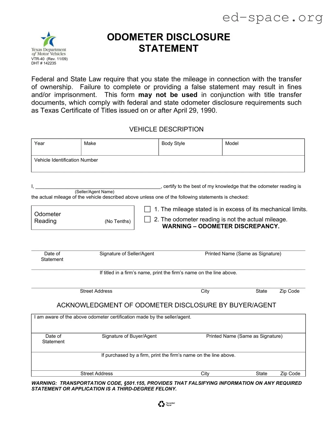 Blank Texas Odometer Statement PDF Form