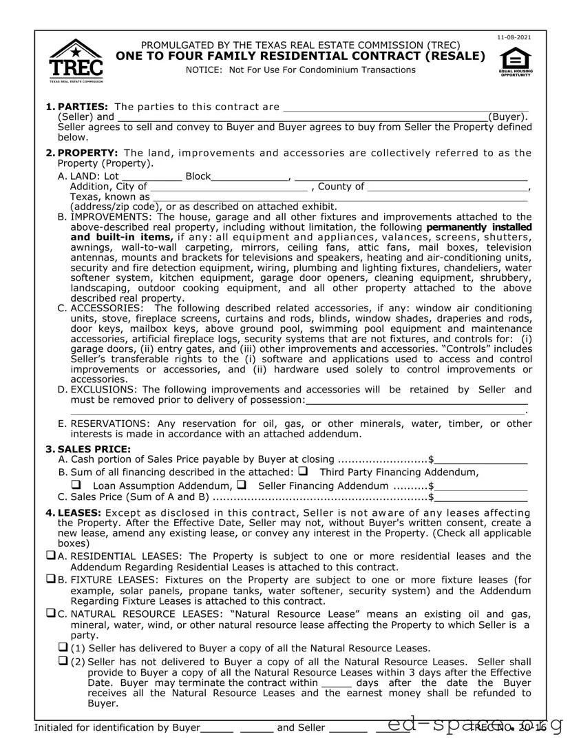 Blank Texas Trec Residential Contract PDF Form