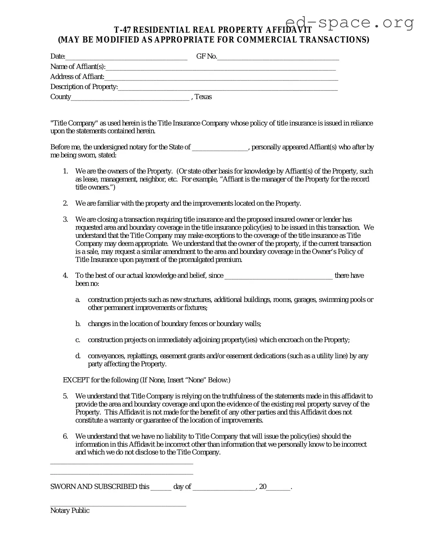 Blank Texas residential property affidavit T-47 PDF Form