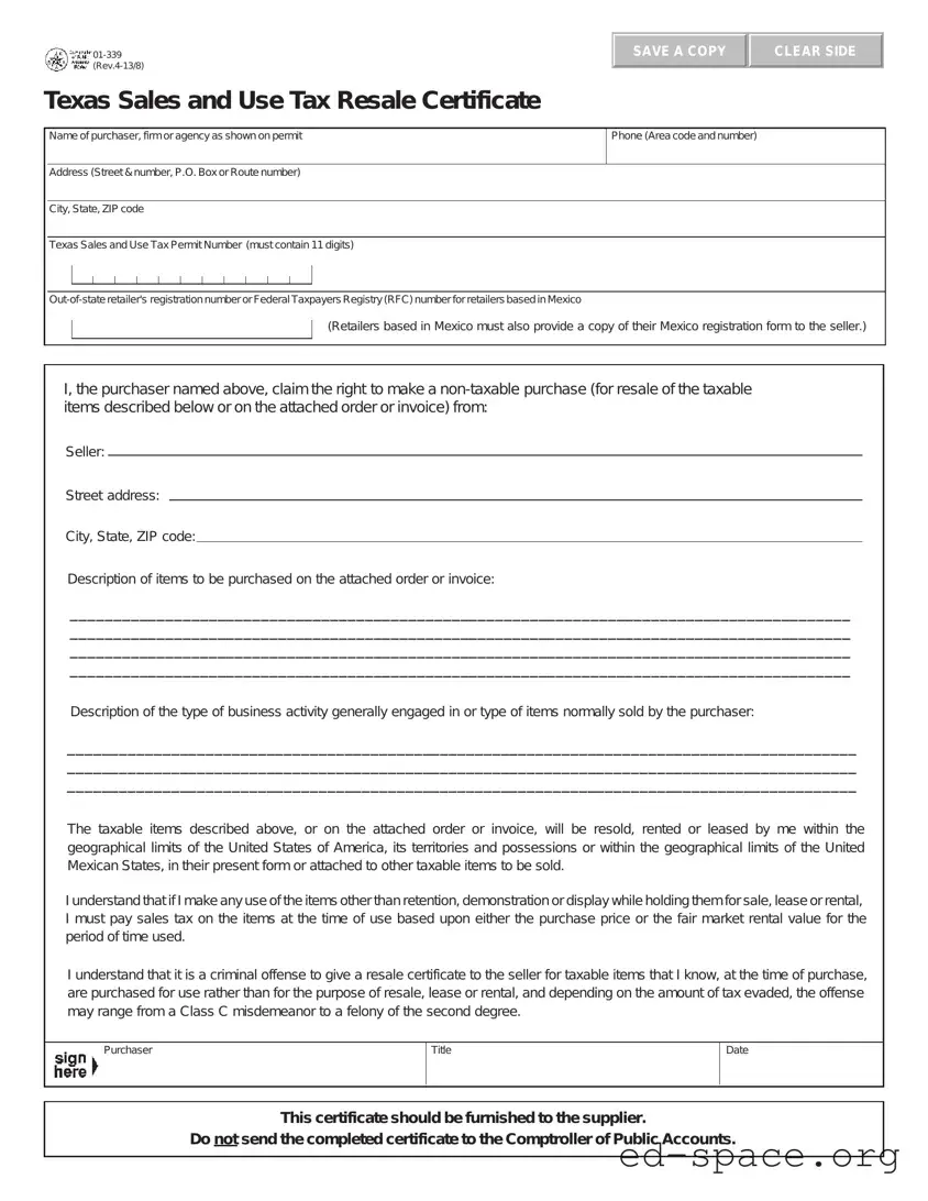 Blank Texas Resale Certificate 01 339 PDF Form