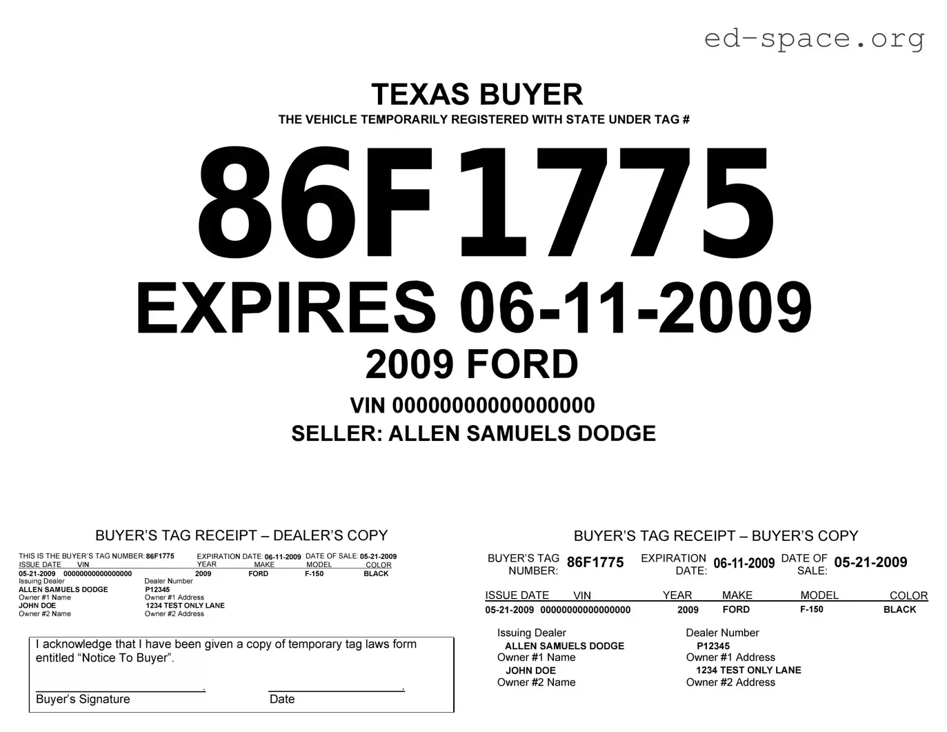 Blank Texas Temporary Tag PDF Form