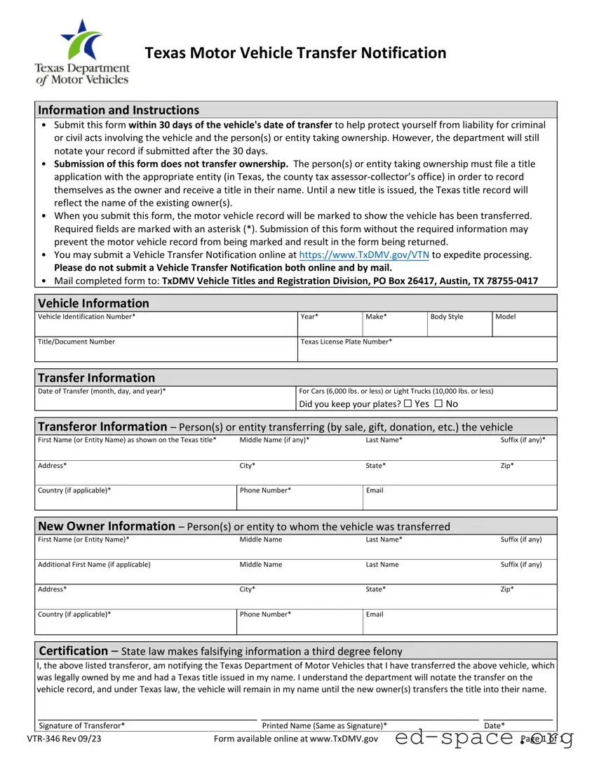 Blank Texas Vtr 346 PDF Form