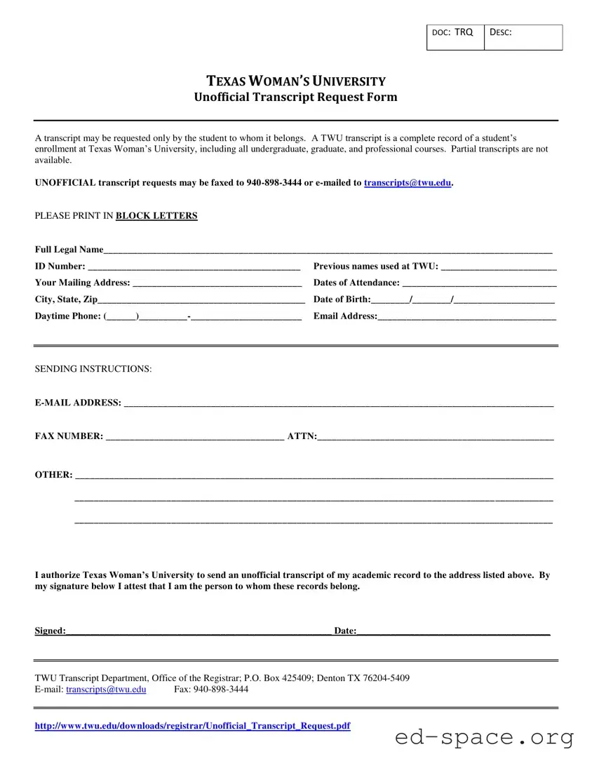 Blank Texas Unofficial Transcript PDF Form