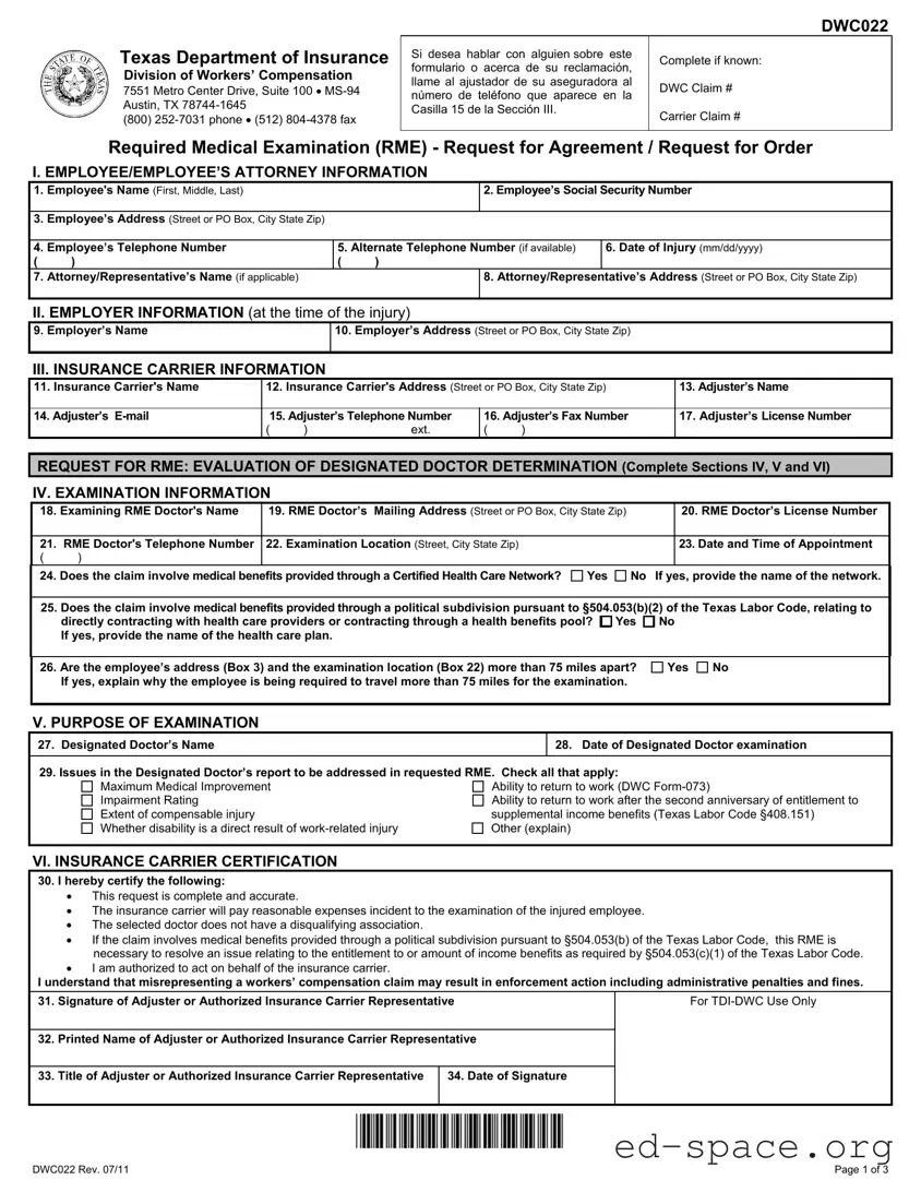 Blank Texas Dwc022 PDF Form