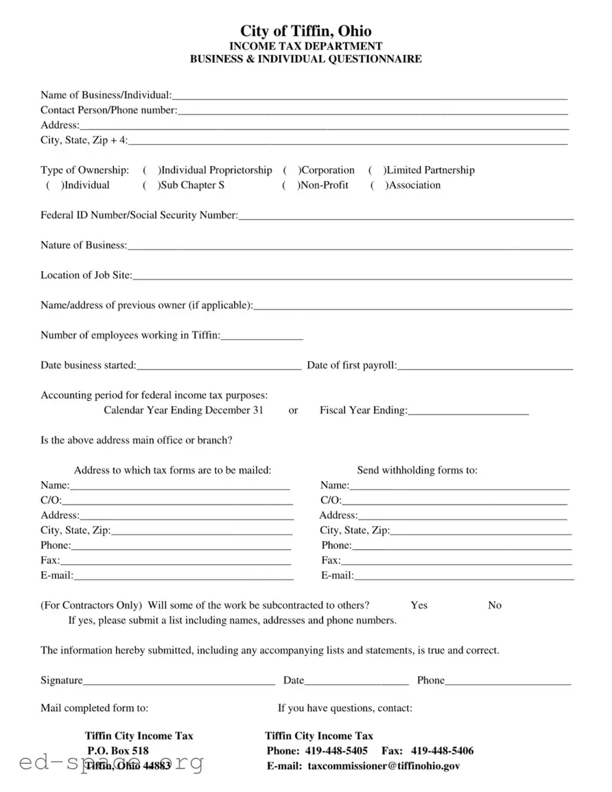 Blank City Of Tiffin Ohio Income Tax PDF Form