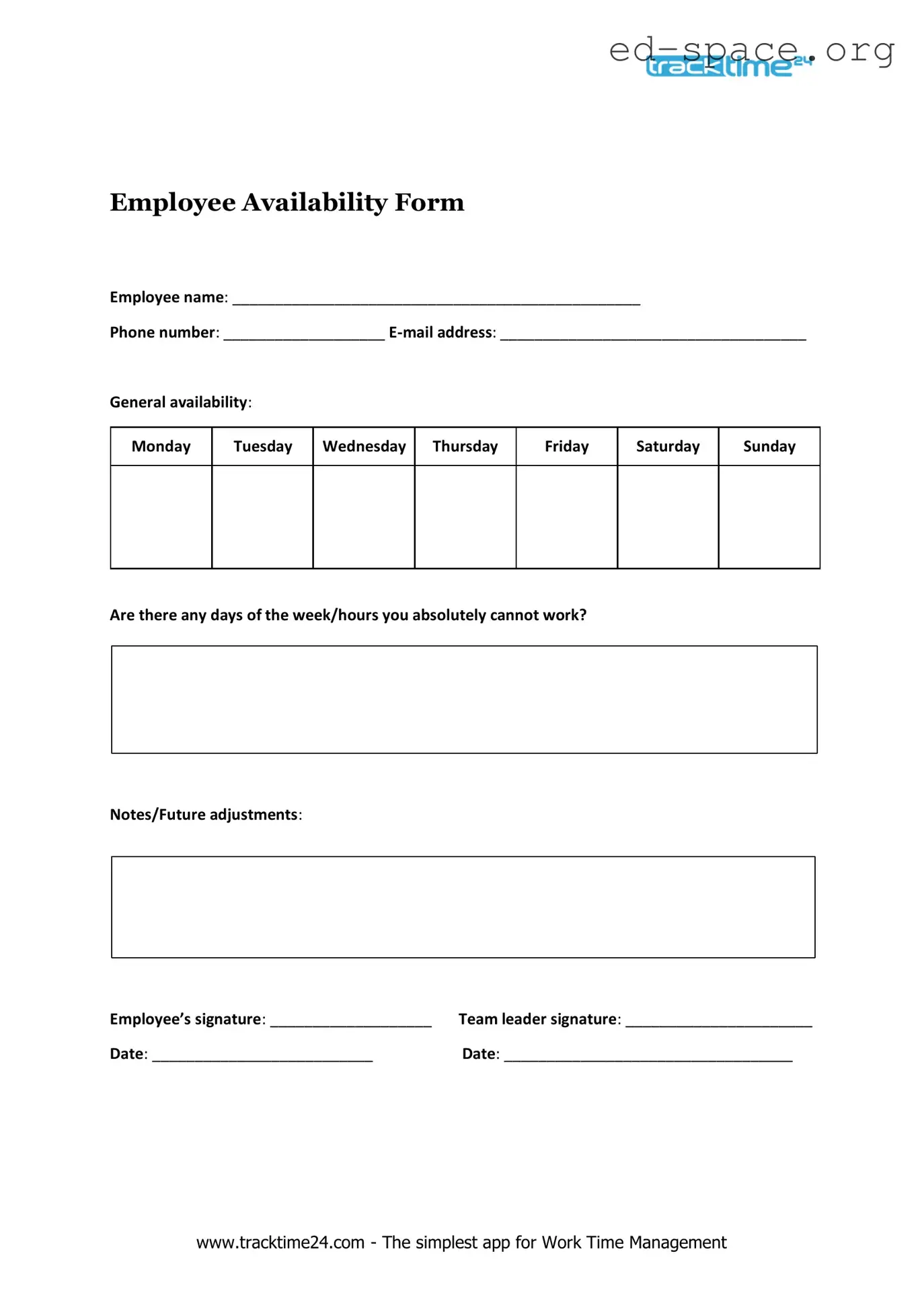 Blank Employee Availability PDF Form