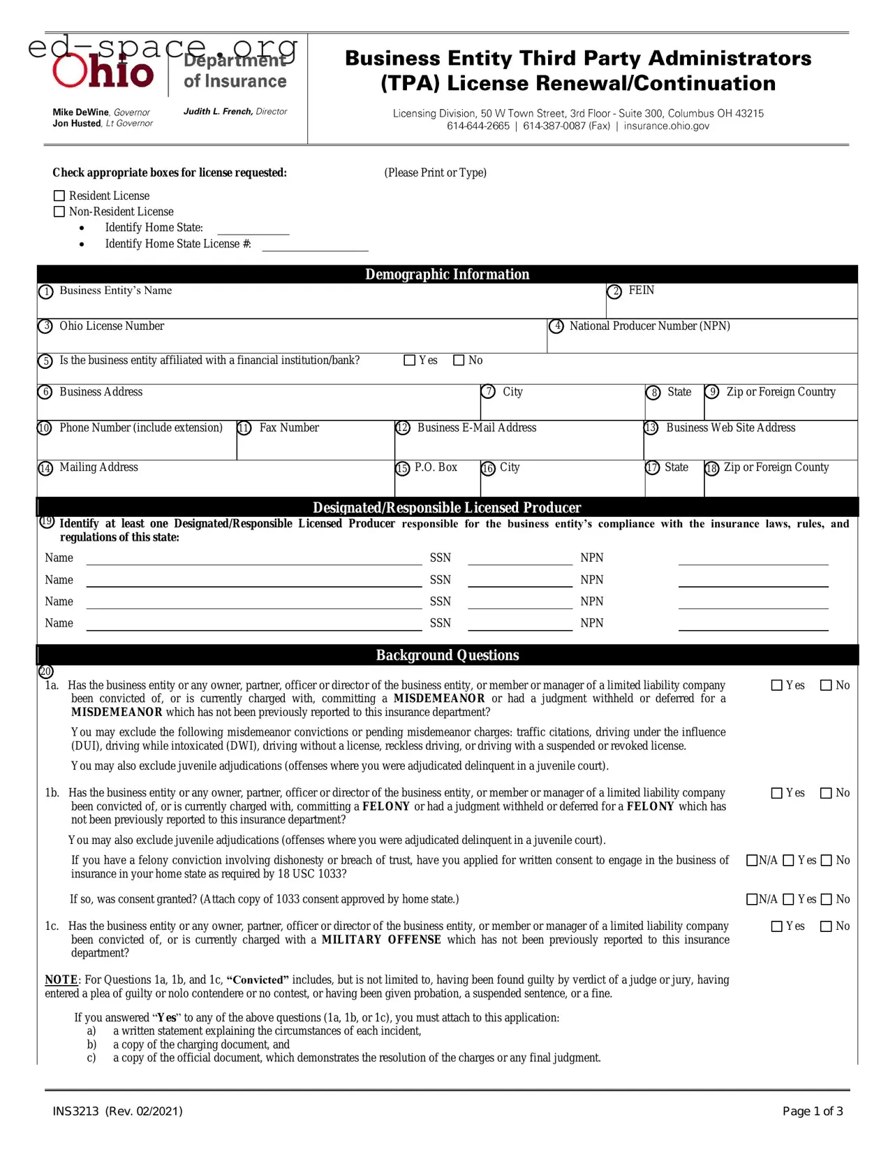 Blank Ohio Ins3213 PDF Form