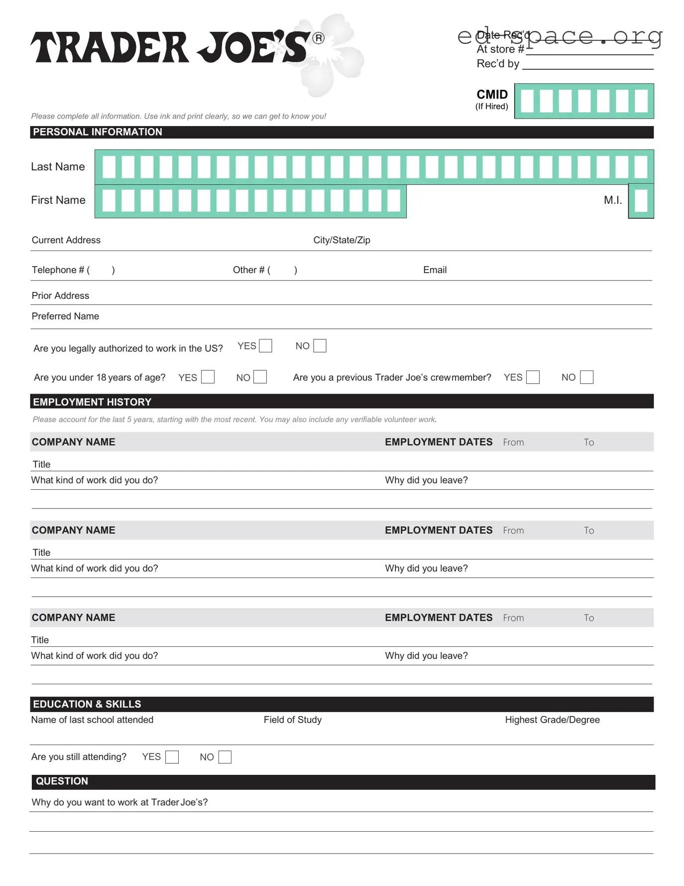 Blank Trader Joe's application PDF Form
