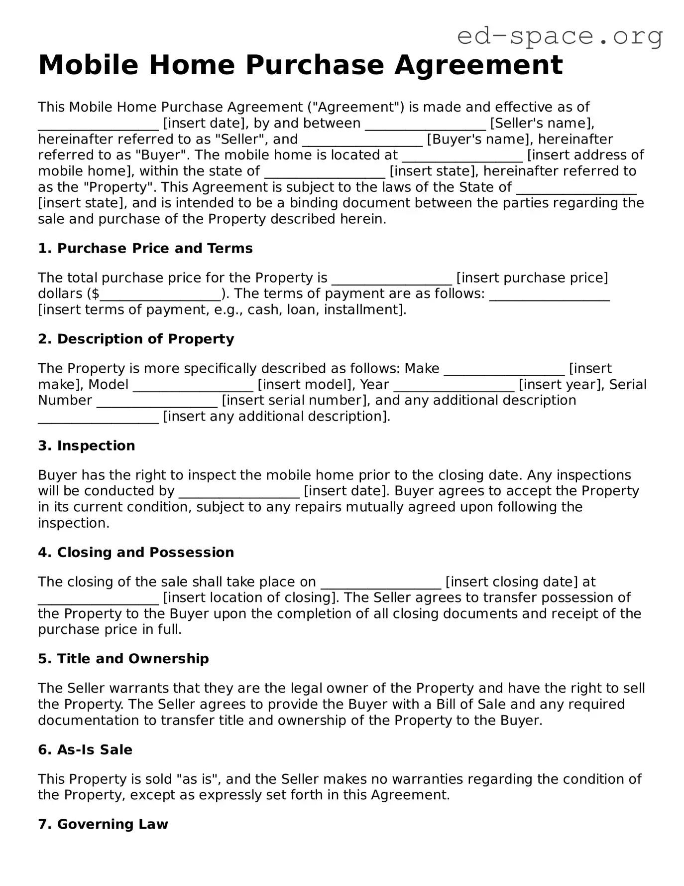 Fillable Mobile Home Purchase Agreement Template