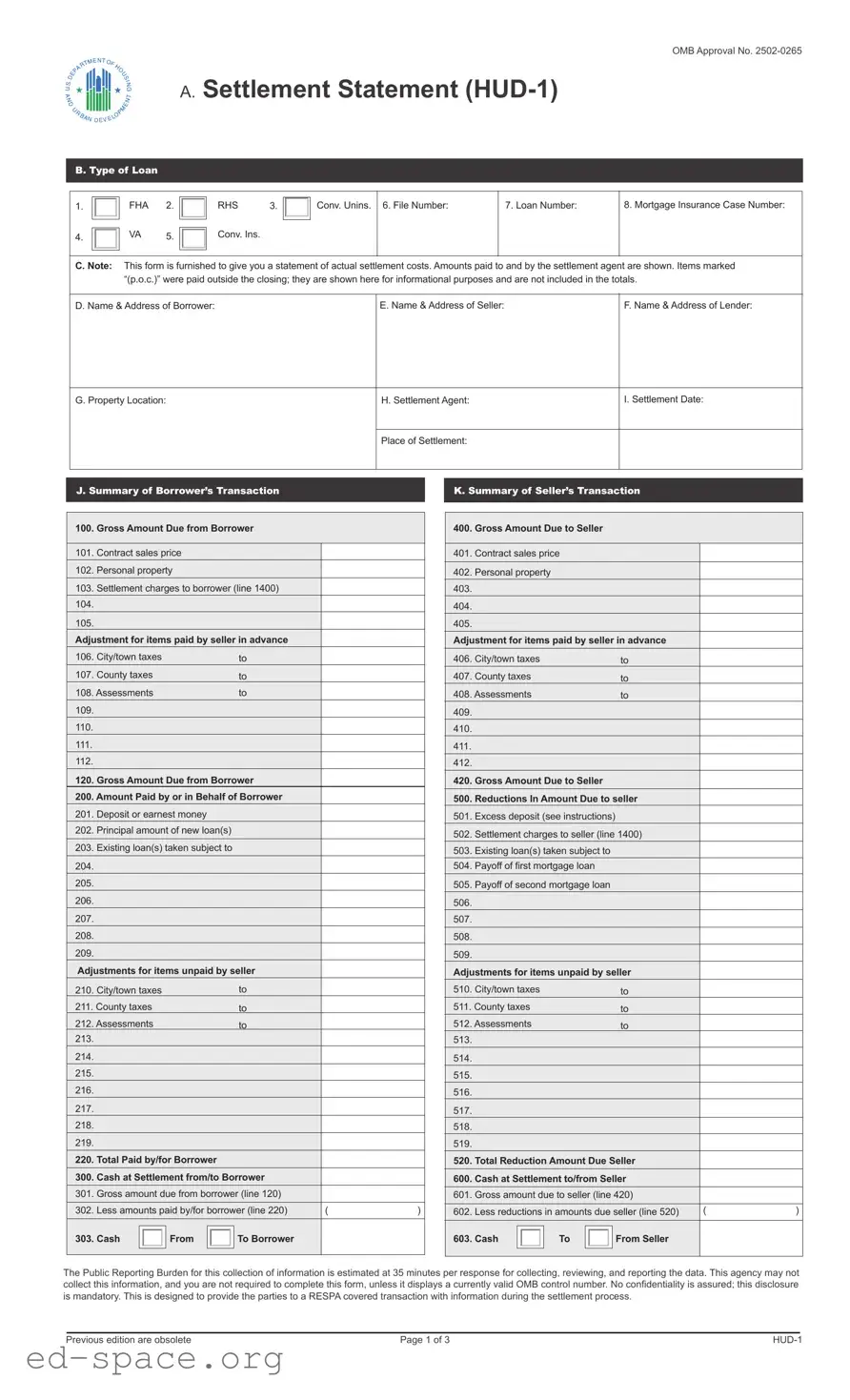 Blank HUD-1 Settlement Statement PDF Form