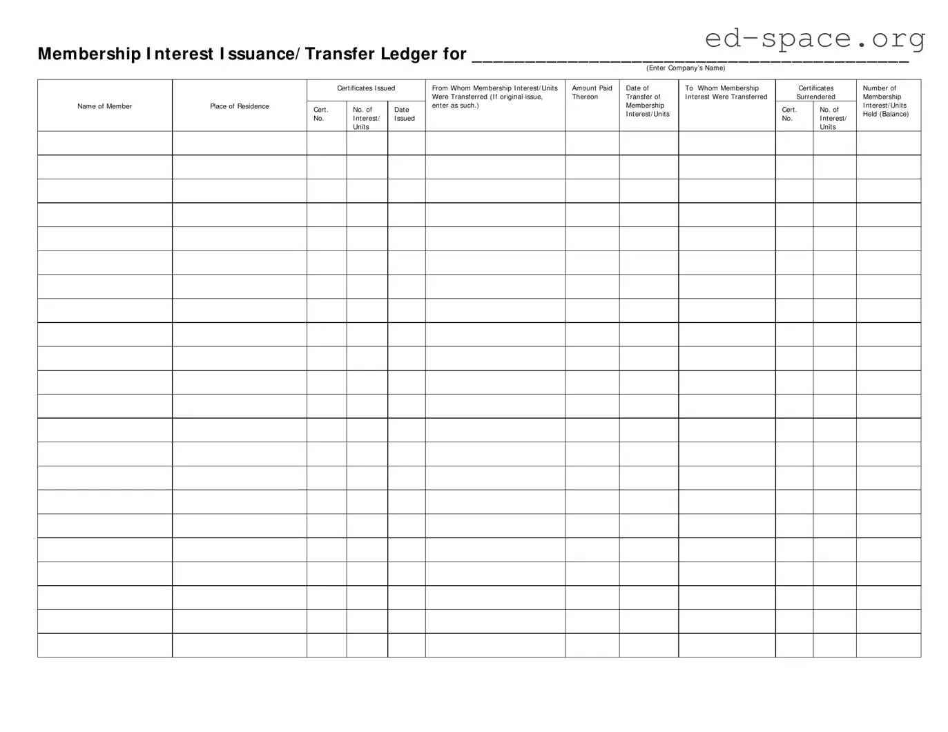 Blank Membership Ledger PDF Form