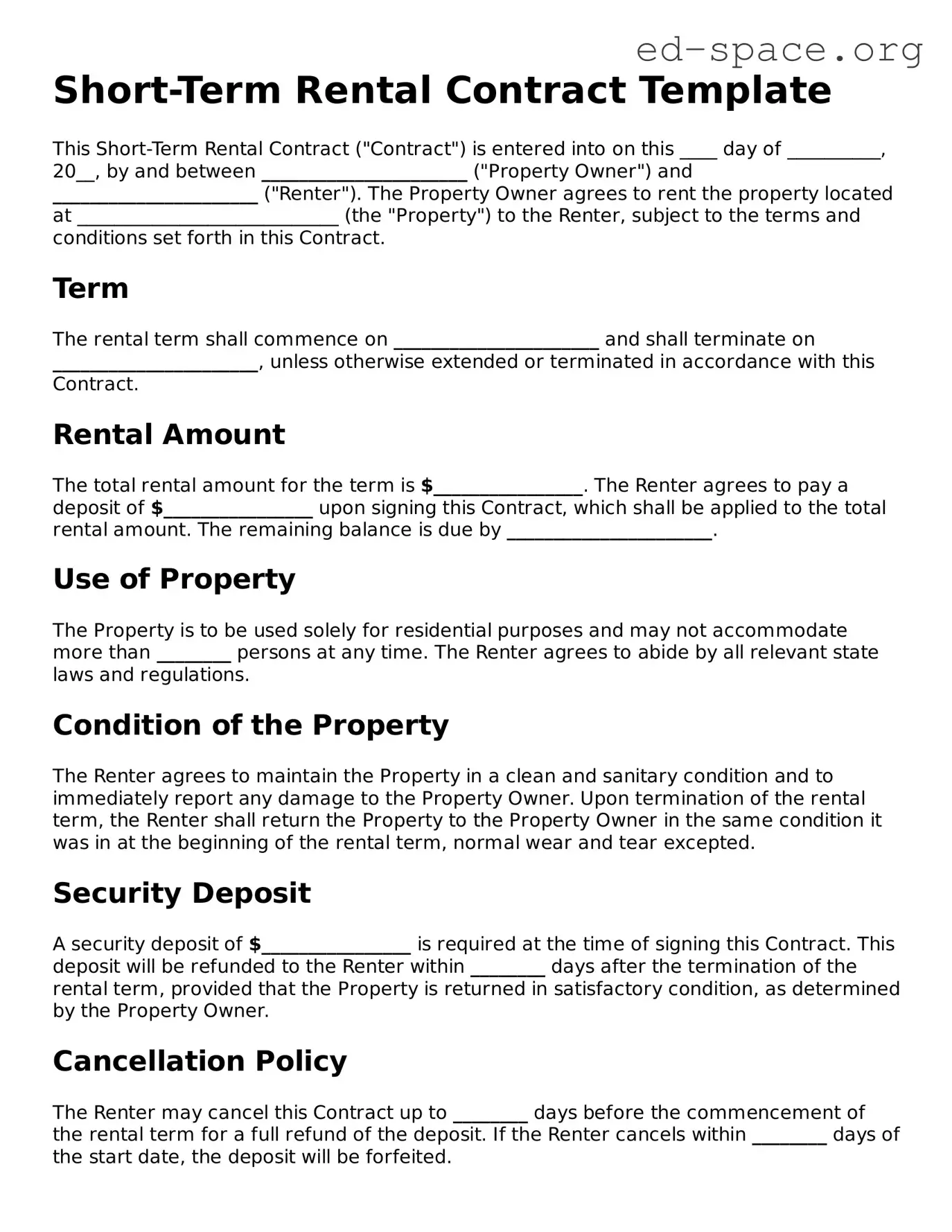 Fillable Short-Term Rental Contract Template