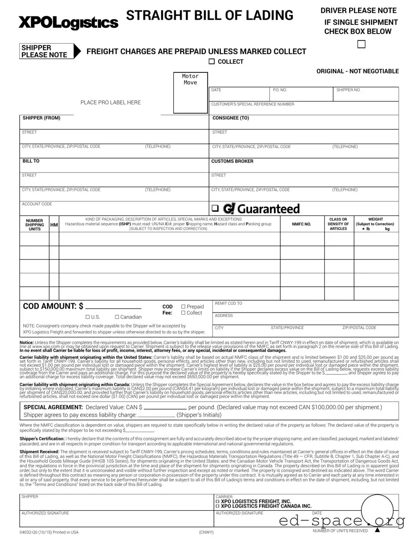 Blank Xpo Logistics Bill Of Lading PDF Form