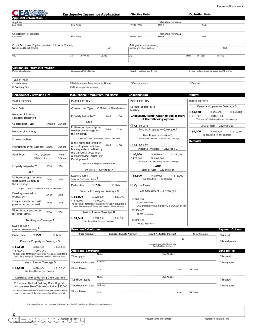 Blank California Earthquake Authority PDF Form