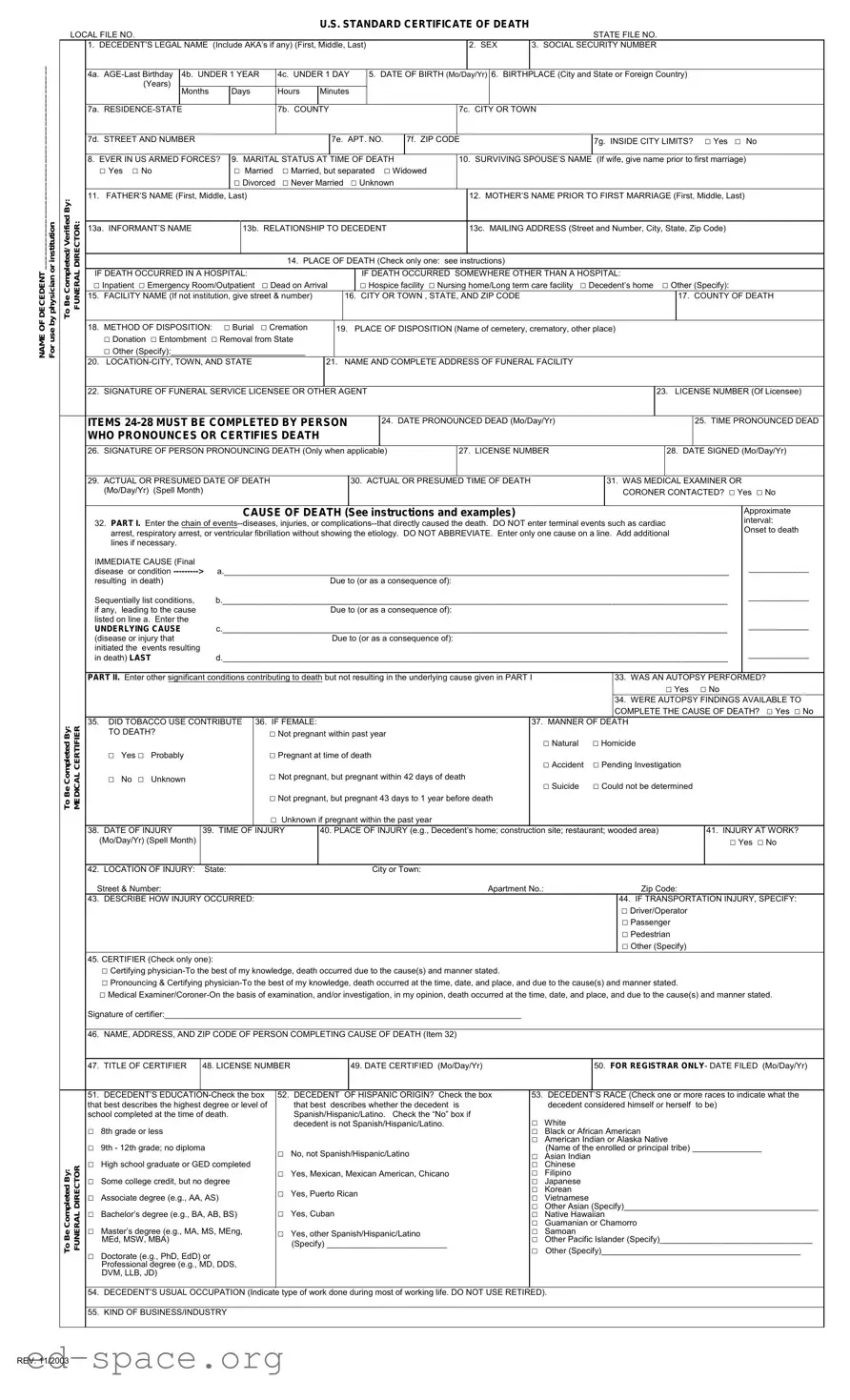 Blank CDC U.S. Standard Certificate of Death PDF Form