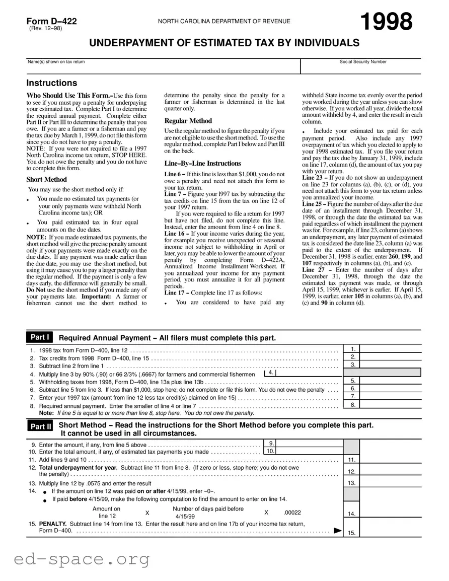 Blank D 422 North Carolina PDF Form