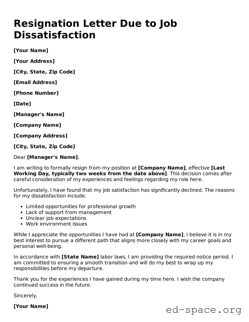 Fillable Resignation Letter Due to Job Dissatisfaction Template