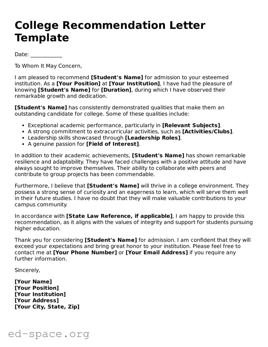 Fillable College Recommendation Letter Template