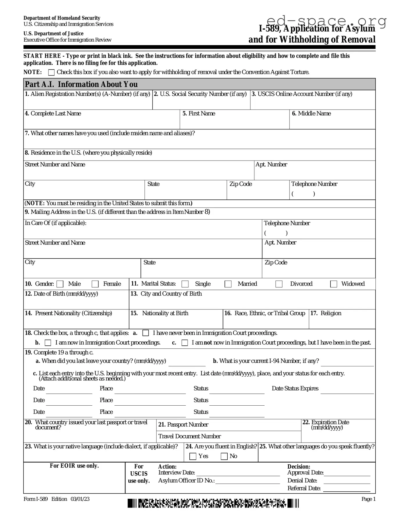 Blank USCIS I-589 PDF Form