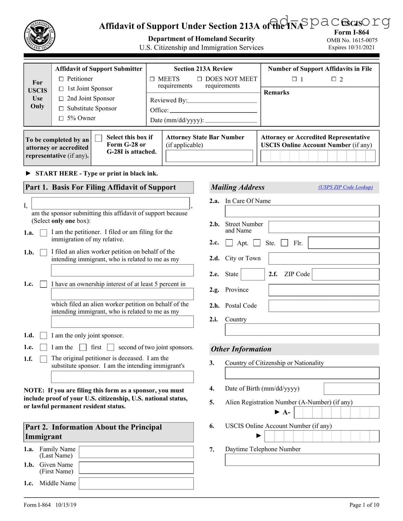 Blank USCIS I-864 PDF Form