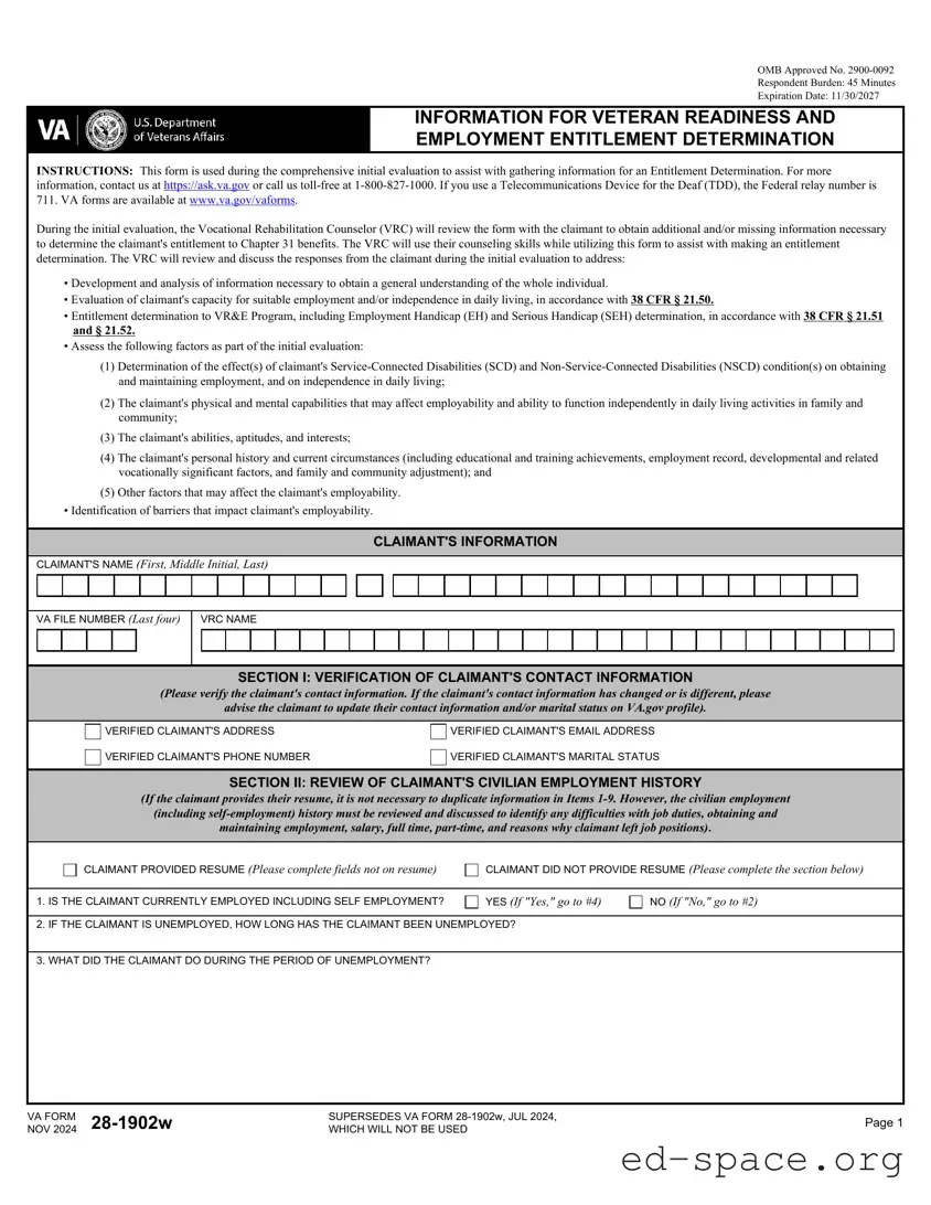 Blank VBA VA 28-1902w PDF Form