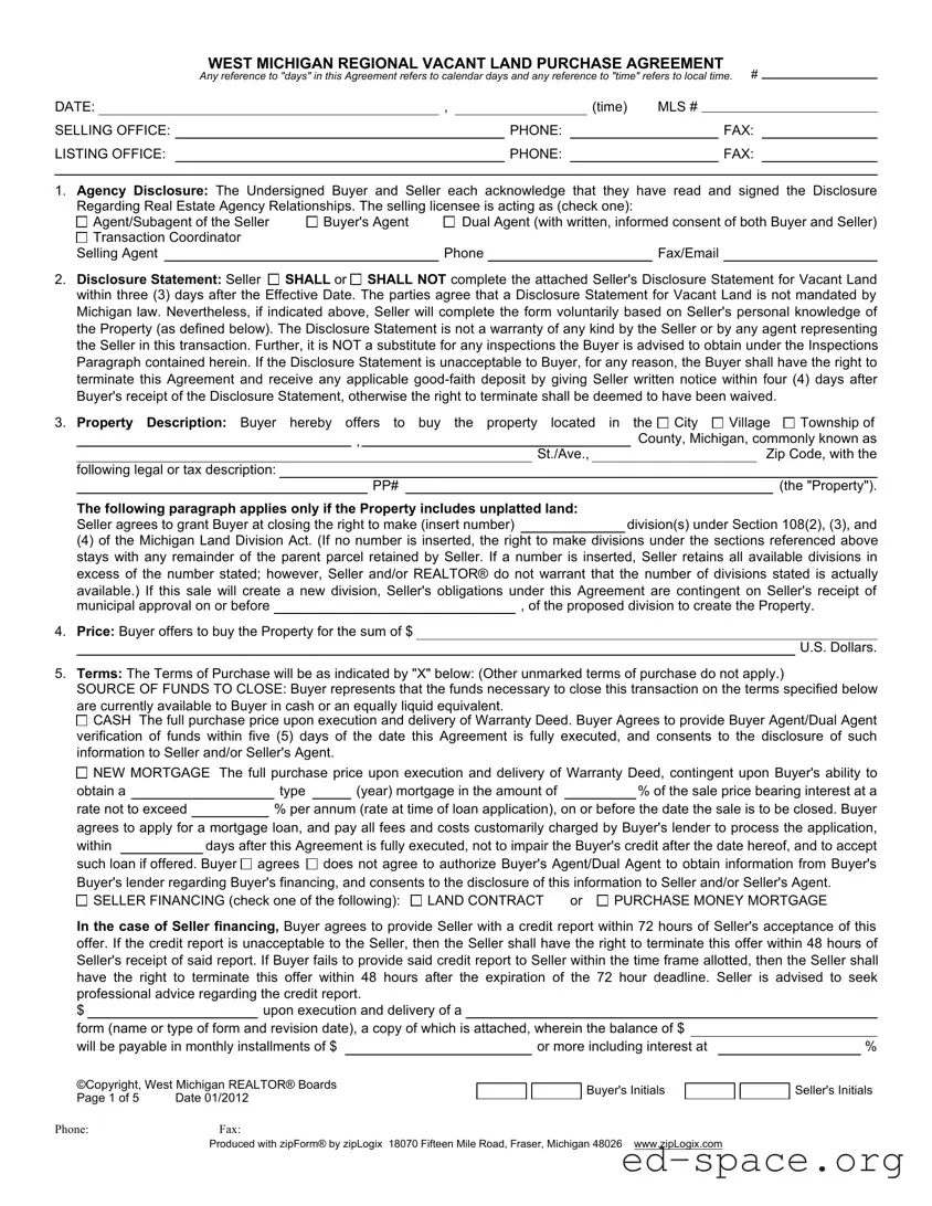 Blank West Michigan Vacant Land Agreement PDF Form