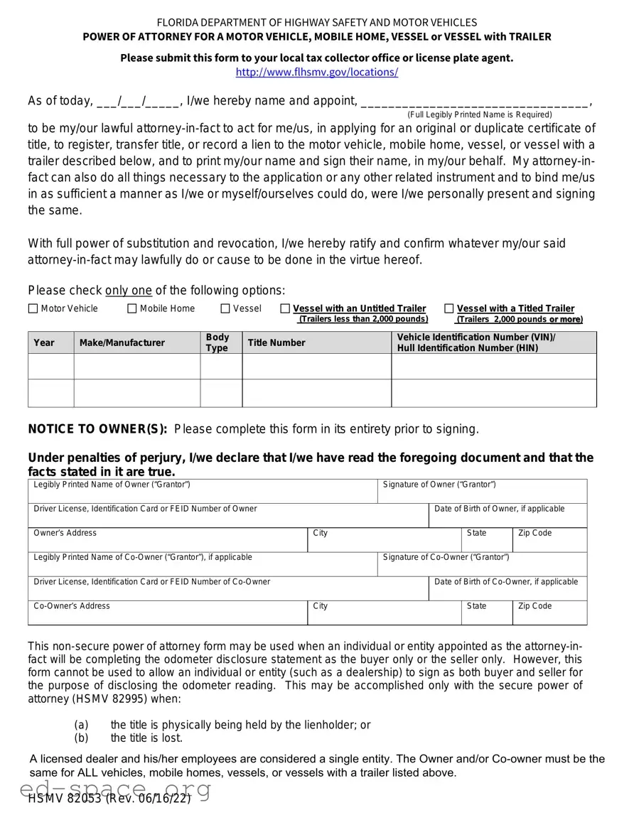 Blank Florida Vehicle POA form 82053 PDF Form
