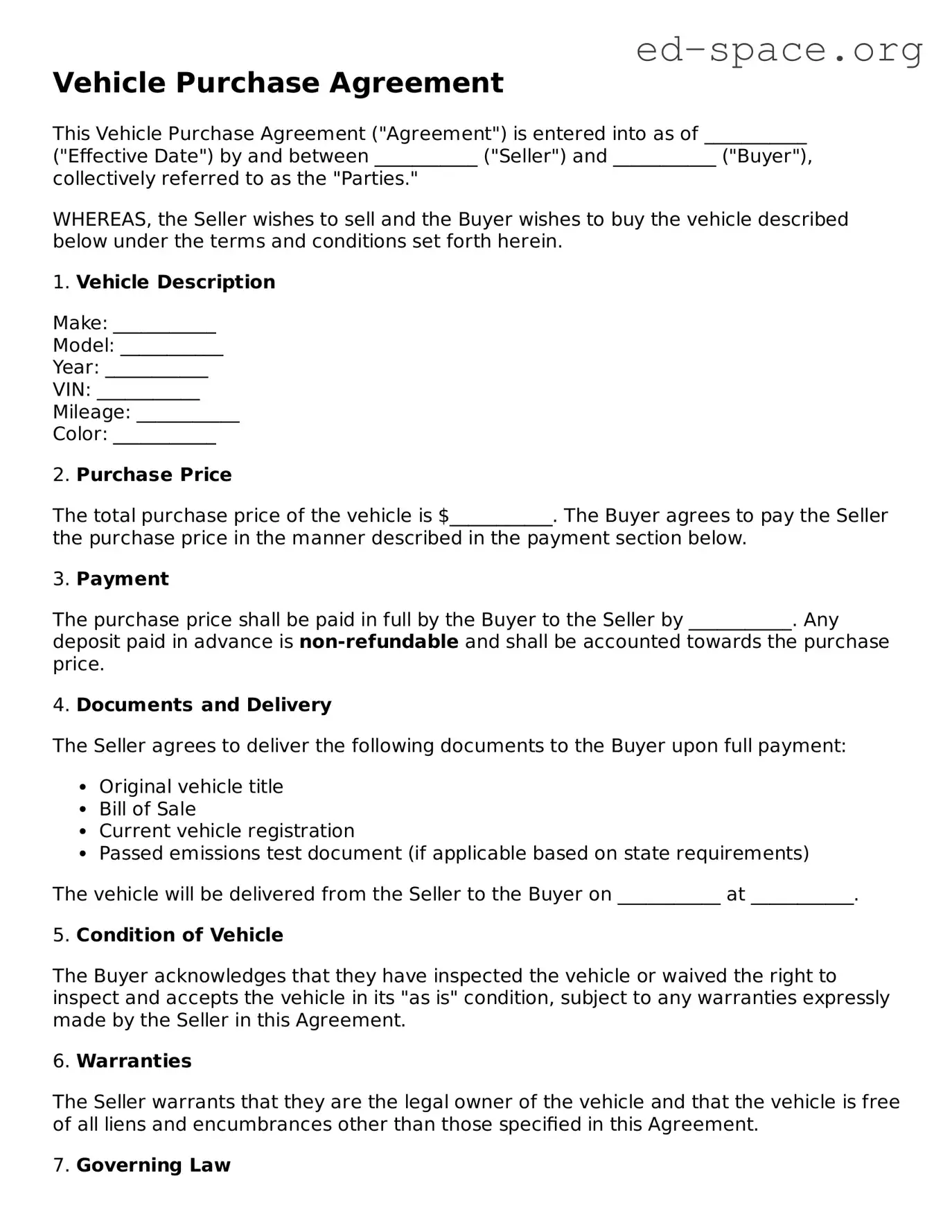 Fillable Vehicle Purchase Agreement Template