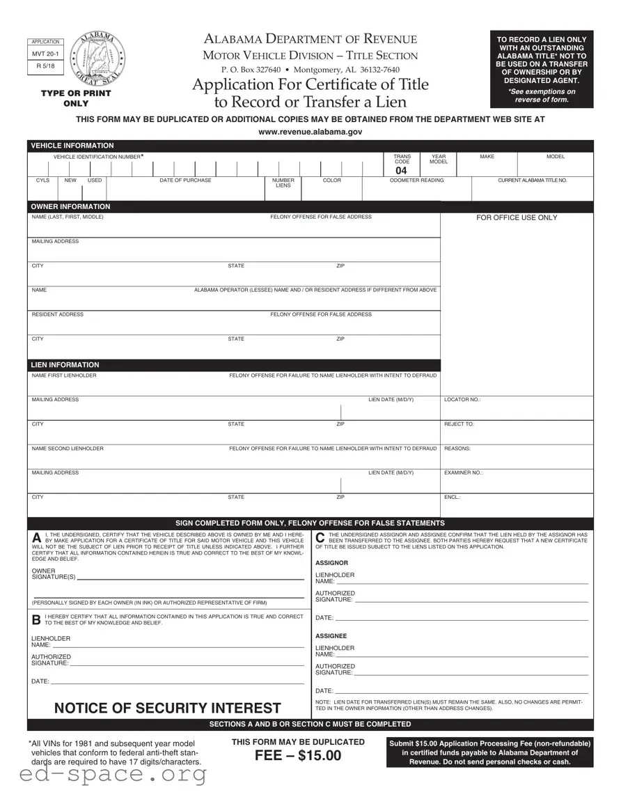 Blank Alabama Mvt 20 1 PDF Form