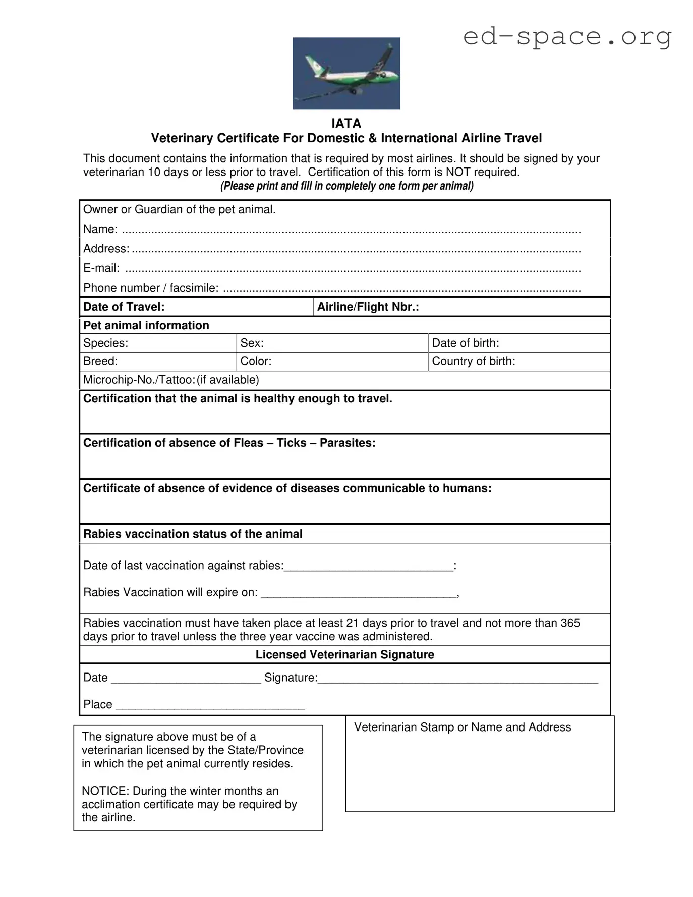 Blank Veterinary Certificate Travel PDF Form