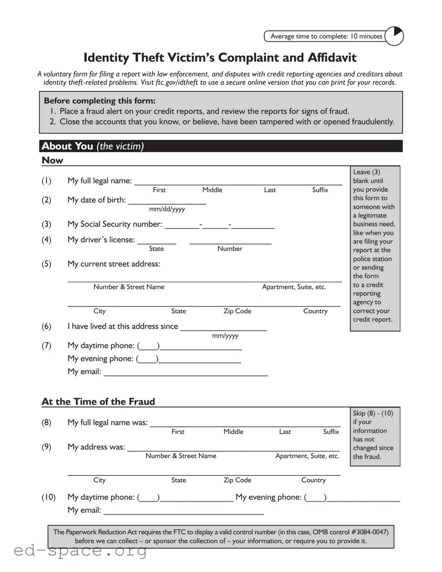 Blank Ftc Identity Theft Affidavit PDF Form