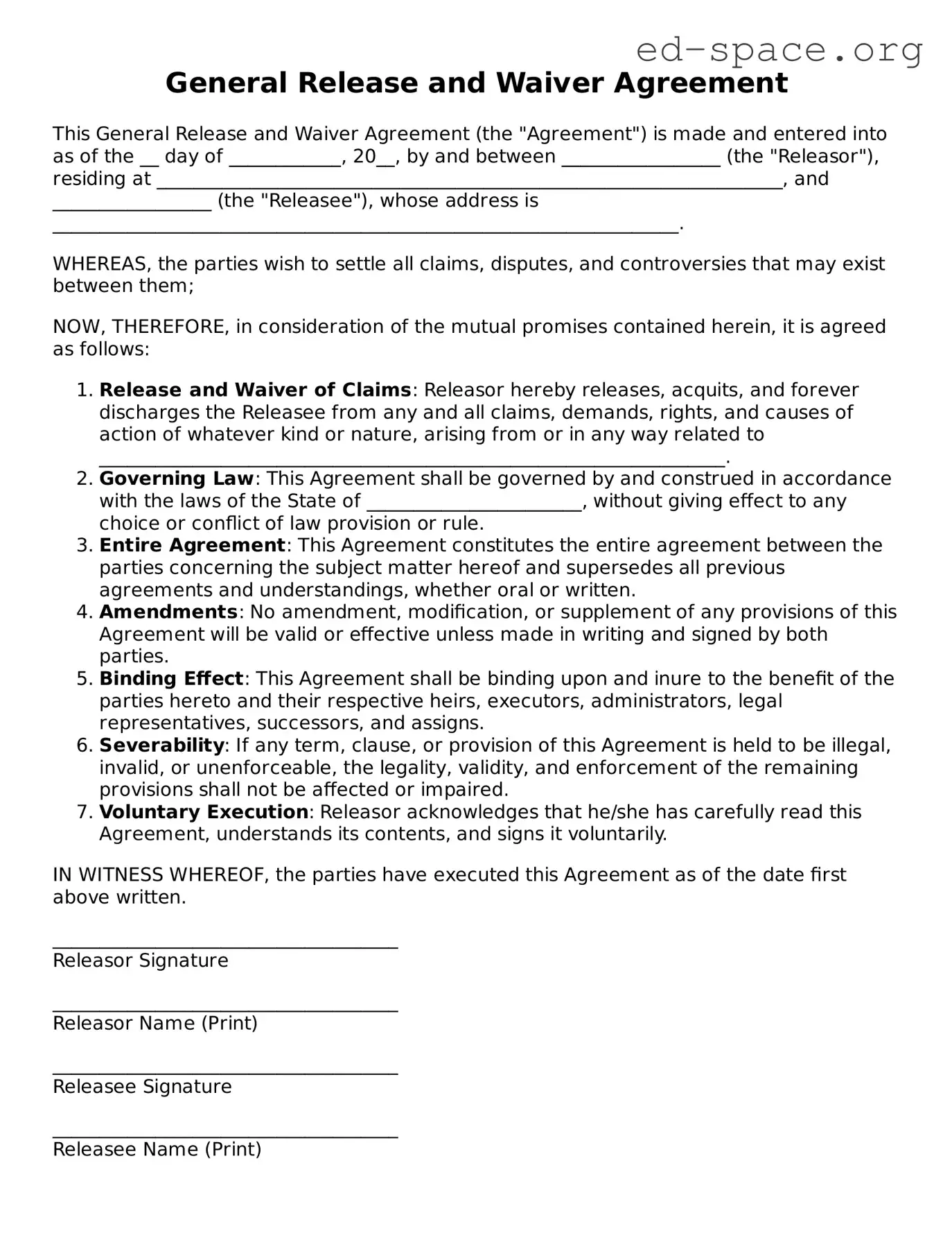 Fillable General Release and Waiver Template